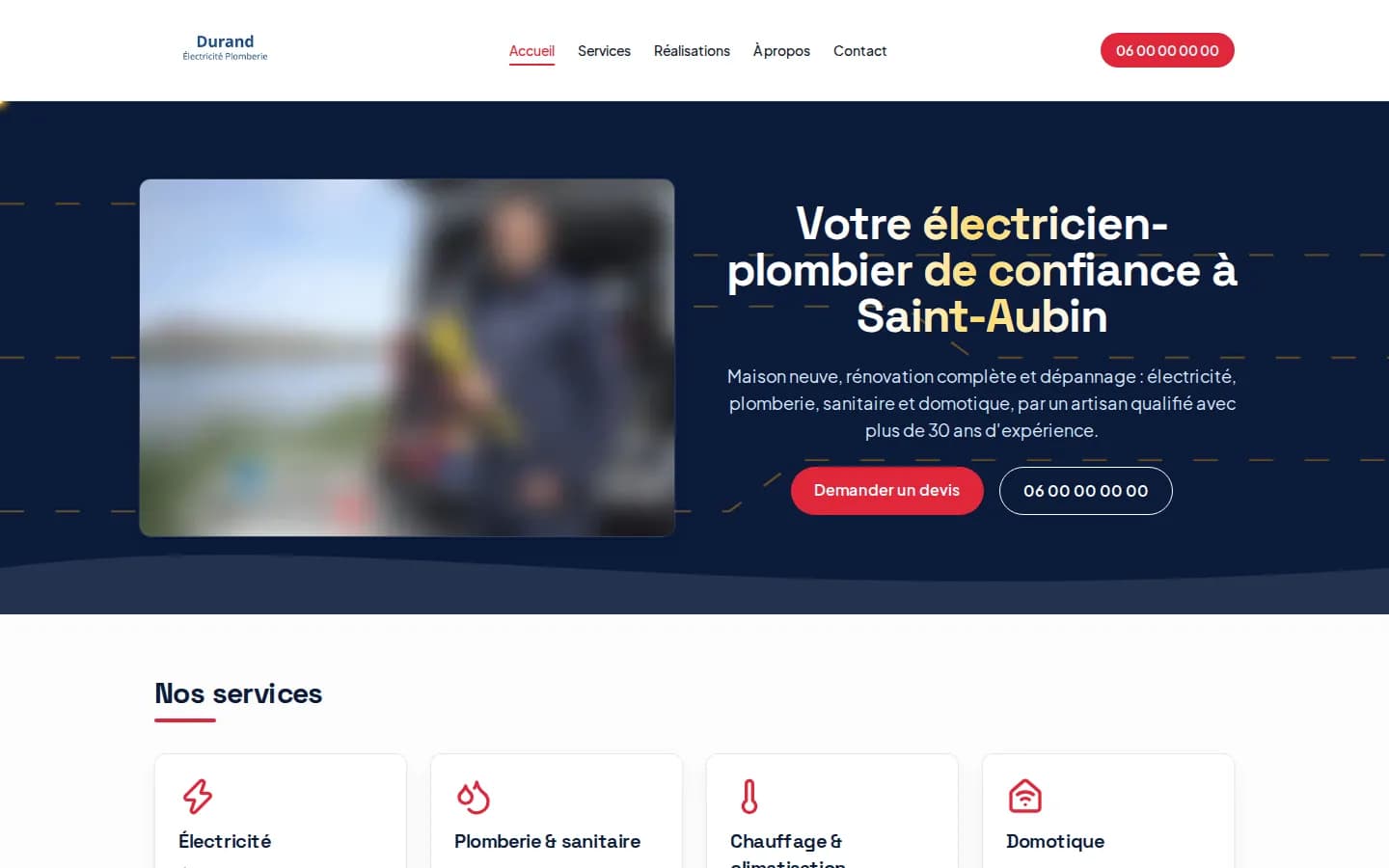 Page d'accueil du site sur ordinateur (nom et coordonnées de l'artisan remplacés)